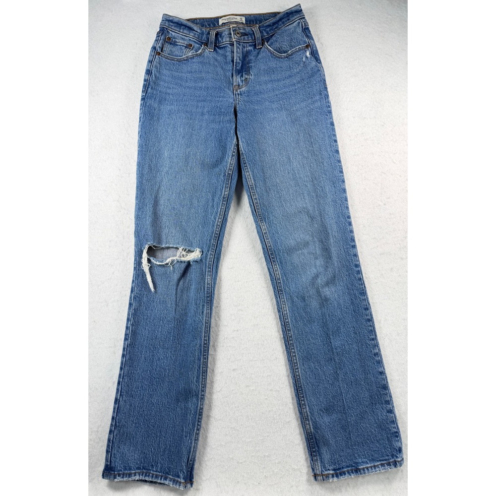 Abercrombie Curve Love 90s Straight Mid Rise Ripped Jeans 25 0R Blue Distressed